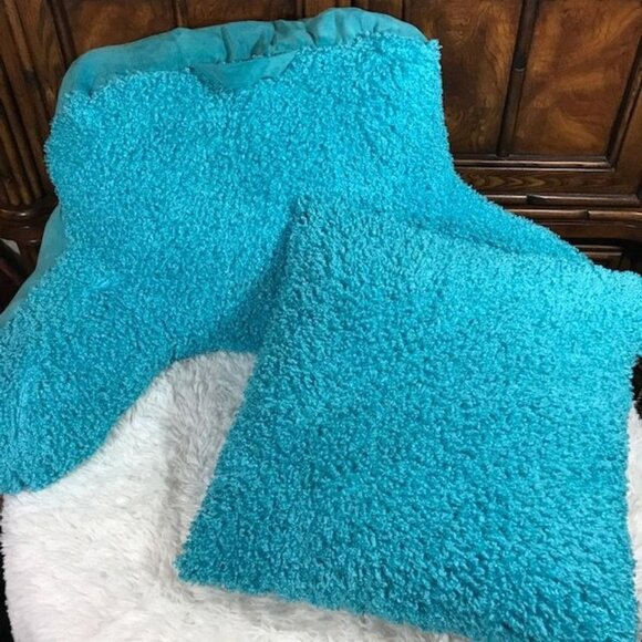 Aquamarine Turquoise Curly Faux Fur Back/Arm Rest & Square Throw Pillow Set - Picture 1 of 10